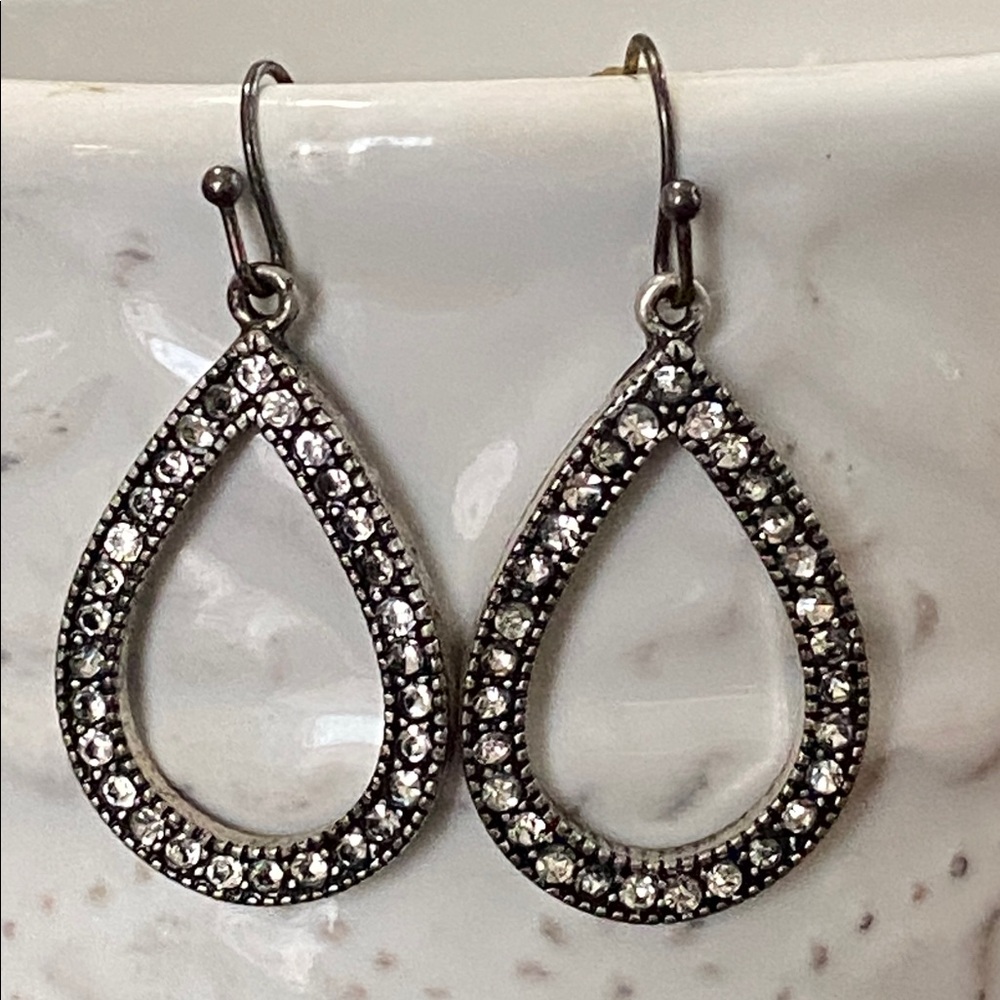 Silver Teardrop Crystal Pave Style Marcasite Drop Earrings 1.5"